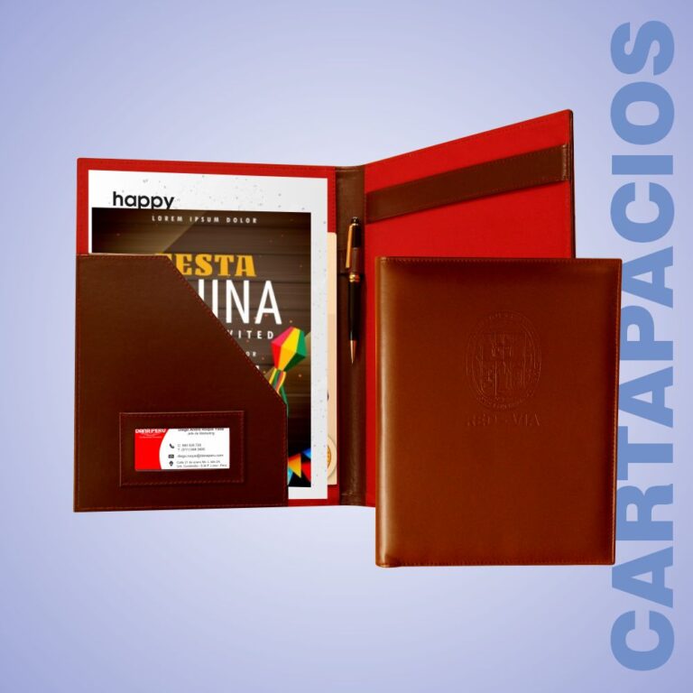 Dana Perú fabricante de cartapacios de cuero, carpetas ejecutivas, cartapacios de cuerina, personalización con logo en bajo relieve, precio económico, envíos a todo el Perú.